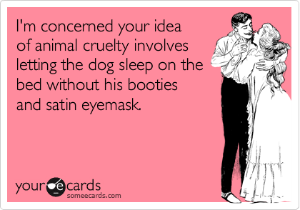 I'm concerned your idea of animal cruelty involves letting the dog sleep on the bed without his booties and satin eyemask.