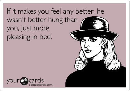 If it makes you feel any better, he wasn't better hung than
you, just more
pleasing in bed.