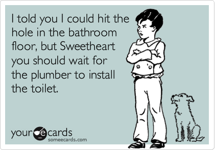 I told you I could hit the
hole in the bathroom
floor, but Sweetheart
you should wait for
the plumber to install
the toilet.