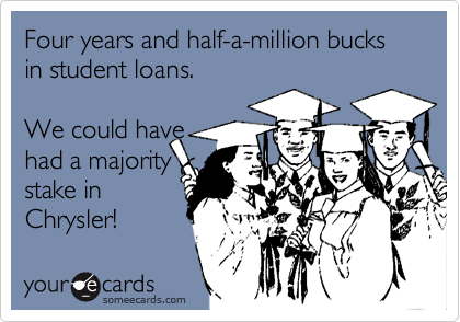 Four years and half-a-million bucks in student loans.We could have had a majoritystake inChrysler!