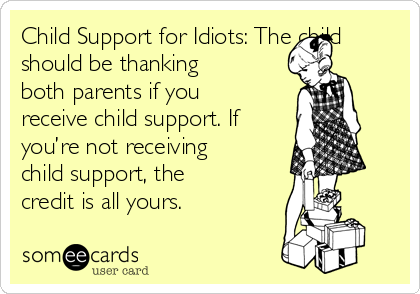 Child Support for Idiots: The child
should be thanking
both parents if you
receive child support. If
you’re not receiving
child support, the
credit is all yours.     