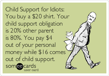 Child Support for Idiots: 
You buy a $20 shirt. Your
child support obligation
is 20% other parent
is 80%. You pay $4
out of your personal
money while $16 comes
out of child support.