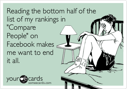 Reading the bottom half of the
list of my rankings in
"Compare
People" on
Facebook makes
me want to end
it all.