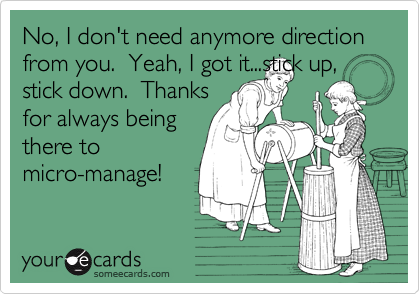 No, I don't need anymore direction from you.  Yeah, I got it...stick up, stick down.  Thanks
for always being
there to
micro-manage!