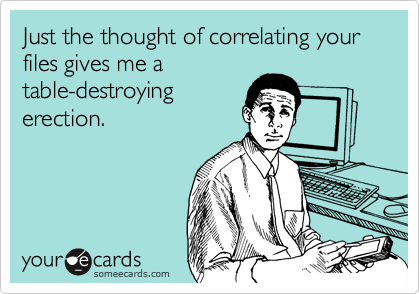Just the thought of correlating your files gives me a
table-destroying
erection.