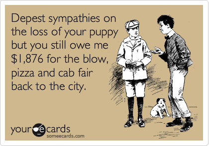 Depest sympathies on
the loss of your puppy
but you still owe me
%241,876 for the blow,
pizza and cab fair
back to the city. 