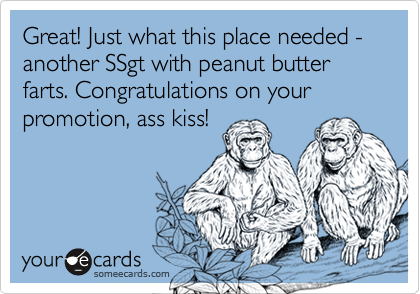 Great! Just what this place needed - another SSgt with peanut butter farts. Congratulations on your promotion, ass kiss!
