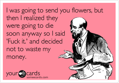 I was going to send you flowers, but then I realized they
were going to die
soon anyway so I said
'Fuck it.' and decided
not to waste my
money.  