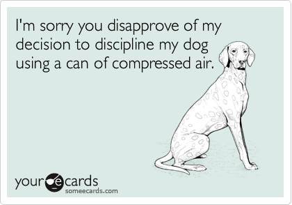 I'm sorry you disapprove of my decision to discipline my dog
using a can of compressed air.