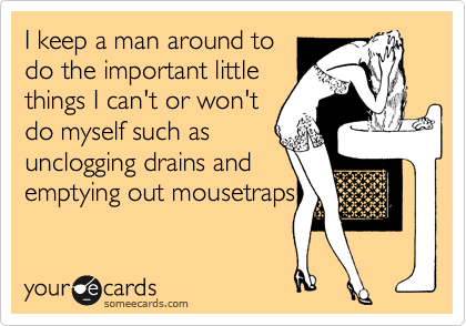 I keep a man around to
do the important little
things I can't or won't
do myself such as
unclogging drains and
emptying out mousetraps
