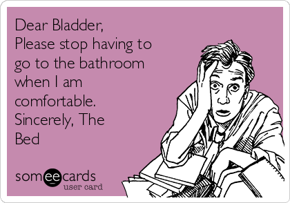Dear Bladder,  
Please stop having to
go to the bathroom
when I am
comfortable.
Sincerely, The
Bed