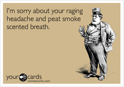I'm sorry about your raging
headache and peat smoke
scented breath.