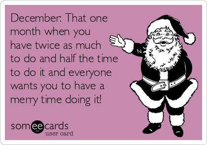 December: That one
month when you
have twice as much
to do and half the time
to do it and everyone
wants you to have a
merry time doing it!