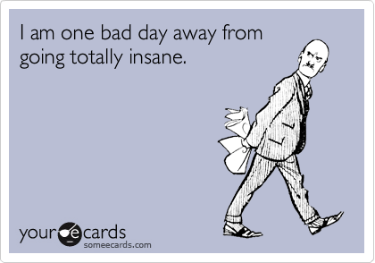 I am one bad day away from
going totally insane.