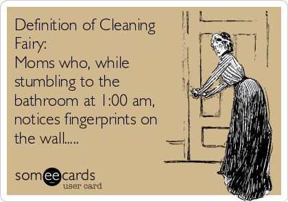 Definition of Cleaning
Fairy:  
Moms who, while
stumbling to the
bathroom at 1:00 am,
notices fingerprints on
the wall.....