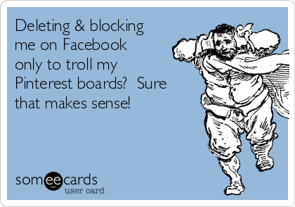 Deleting & blocking
me on Facebook
only to troll my
Pinterest boards?  Sure
that makes sense!  