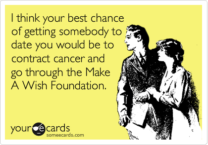 I think your best chance
of getting somebody to
date you would be to
contract cancer and
go through the Make
A Wish Foundation.