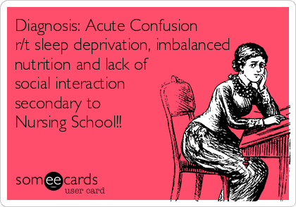 Diagnosis: Acute Confusion
r/t sleep deprivation, imbalanced
nutrition and lack of
social interaction
secondary to
Nursing School!!