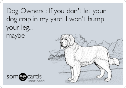 Dog Owners : If you don't let your
dog crap in my yard, I won't hump
your leg...
maybe