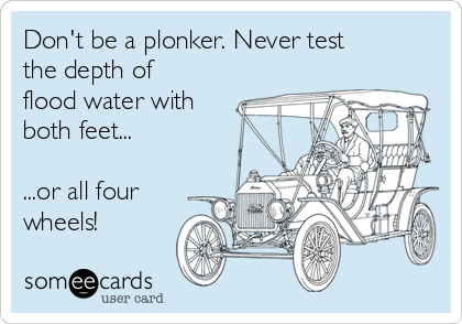 Don't be a plonker. Never test
the depth of
flood water with
both feet...

...or all four
wheels!
