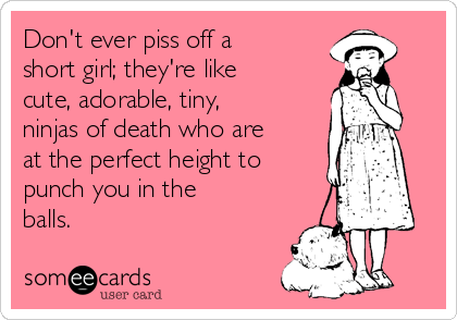 Don't ever piss off a
short girl; they're like
cute, adorable, tiny,
ninjas of death who are
at the perfect height to
punch you in the
balls.
