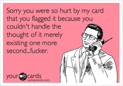 Sorry you were so hurt by my card that you flagged it because you couldn't handle thethought of it merelyexisting one moresecond...fucker.