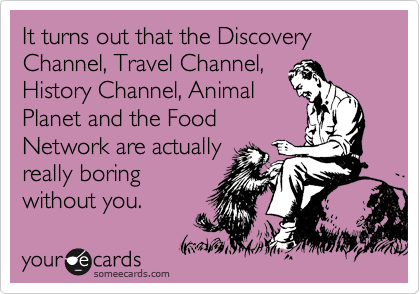 It turns out that the Discovery Channel, Travel Channel, 
History Channel, Animal 
Planet and the Food 
Network are actually
really boring
without you.