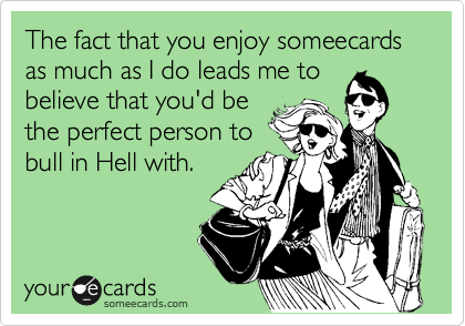 The fact that you enjoy someecards as much as I do leads me to
believe that you'd be
the perfect person to
bull in Hell with.