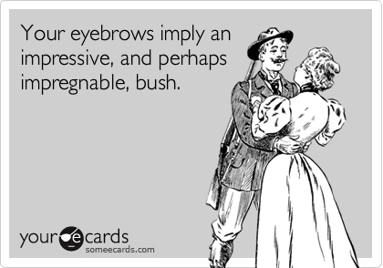 Your eyebrows imply an
impressive, and perhaps
impregnable, bush.