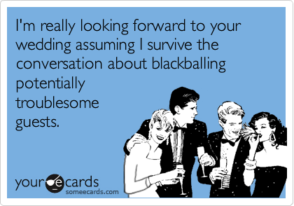 I'm really looking forward to your wedding assuming I survive the conversation about blackballing potentially
troublesome
guests.  