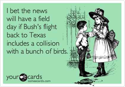 I bet the newswill have a fieldday if Bush's flightback to Texasincludes a collisionwith a bunch of birds.