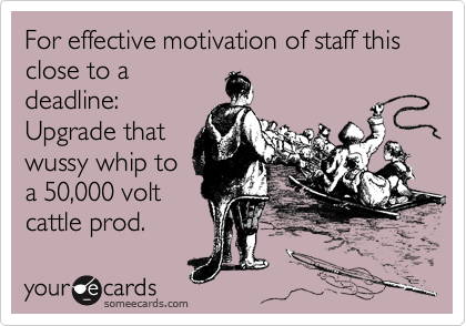 For effective motivation of staff this close to a
deadline:
Upgrade that
wussy whip to
a 50,000 volt
cattle prod.