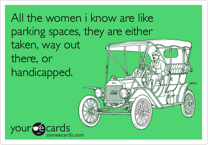 All the women i know are like parking spaces, they are either
taken, way out
there, or
handicapped.