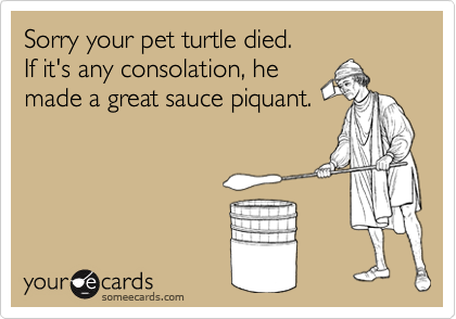 Sorry your pet turtle died.
If it's any consolation, he
made a great sauce piquant.