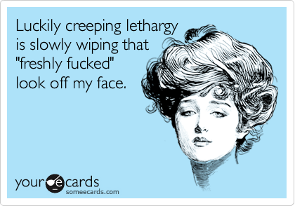 Luckily creeping lethargy
is slowly wiping that
"freshly fucked"
look off my face.
