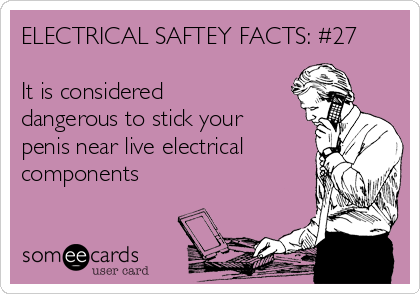 ELECTRICAL SAFTEY FACTS: #27

It is considered
dangerous to stick your
penis near live electrical
components