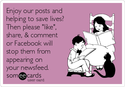 Enjoy our posts and
helping to save lives?
Then please "like",
share, & comment
or Facebook will
stop them from
appearing on
your newsfeed.