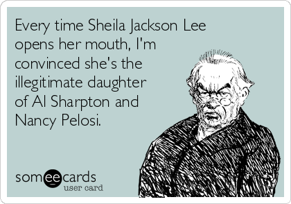 Every time Sheila Jackson Lee
opens her mouth, I'm 
convinced she's the 
illegitimate daughter
of Al Sharpton and
Nancy Pelosi.
