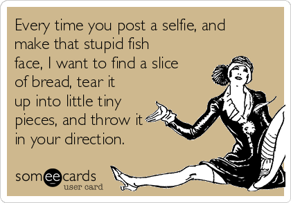 Every time you post a selfie, and
make that stupid fish
face, I want to find a slice
of bread, tear it
up into little tiny
pieces, and throw it
in your direction.