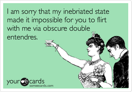 I am sorry that my inebriated state made it impossible for you to flirt with me via obscure double
entendres.