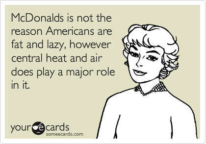McDonalds is not the
reason Americans are
fat and lazy, however
central heat and air
does play a major role
in it.