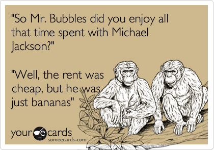"So Mr. Bubbles did you enjoy all that time spent with Michael Jackson?"

"Well, the rent was
cheap, but he was
just bananas"