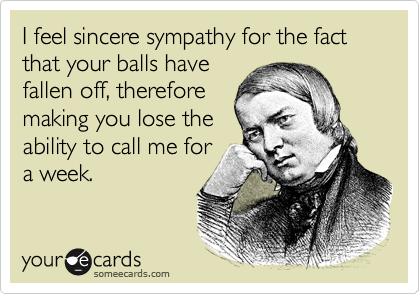 I feel sincere sympathy for the fact that your balls have
fallen off, therefore
making you lose the
ability to call me for
a week.