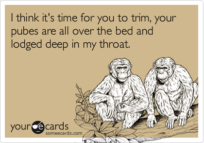 I think it's time for you to trim, your pubes are all over the bed and  lodged deep in my throat.