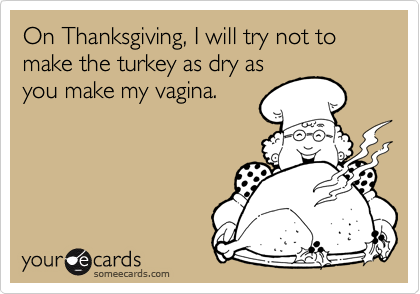 On Thanksgiving, I will try not to make the turkey as dry as
you make my vagina. 