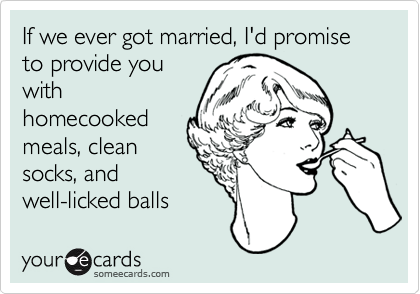 If we ever got married, I'd promise to provide youwithhomecookedmeals, cleansocks, andwell-licked balls