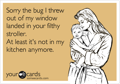 Sorry the bug I threw
out of my window
landed in your filthy
stroller.
At least it's not in my
kitchen anymore.