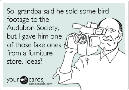 So, grandpa said he sold some bird footage to the
Audubon Society,
but I gave him one
of those fake ones
from a furniture
store. Ideas?