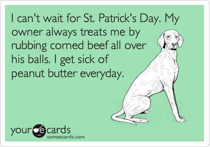 I can't wait for St. Patrick's Day. My owner always treats me by
rubbing corned beef all over
his balls. I get sick of
peanut butter everyday.