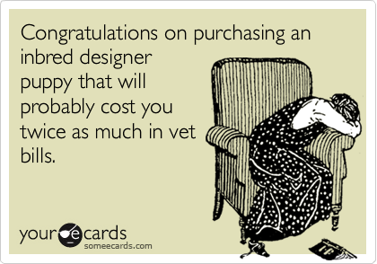 Congratulations on purchasing an inbred designer
puppy that will
probably cost you
twice as much in vet
bills.